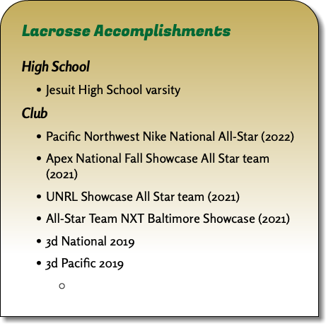 Lacrosse Accomplishments High School Jesuit High School varsity Club Pacific Northwest Nike National All-Star (2022) Apex National Fall Showcase All Star team (2021) UNRL Showcase All Star team (2021) All-Star Team NXT Baltimore Showcase (2021) 3d National 2019 3d Pacific 2019 